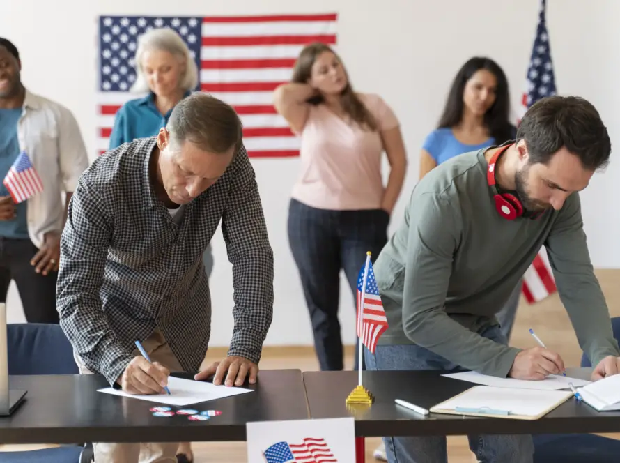 People signing official documents during company registration and licensing process.