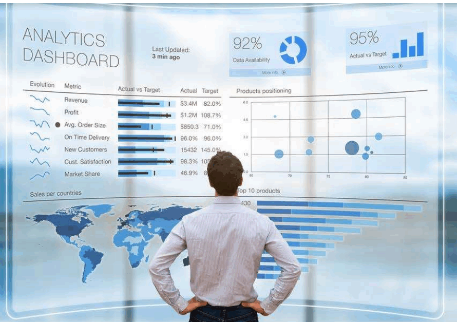Business professional analyzing an interactive analytics dashboard with charts, graphs, and performance metrics.